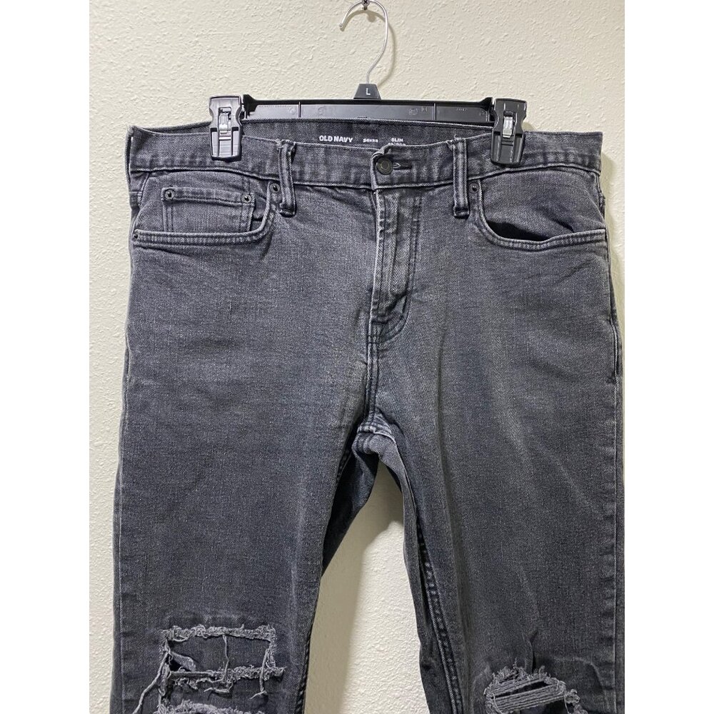 Old Navy Slim BuiltIn Flex Jeans Mens 34x32 Washed Black Distressed Ripped Knees - Picture 3 of 13